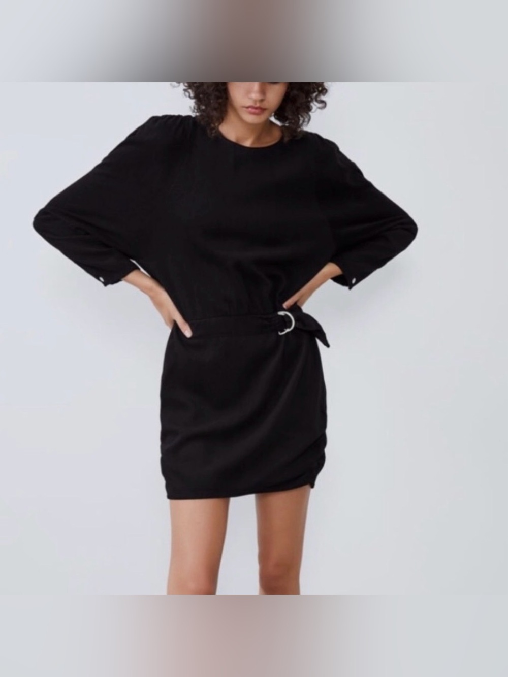Zara dress long sleeve black belted rouched vacation summer office comfy XL
